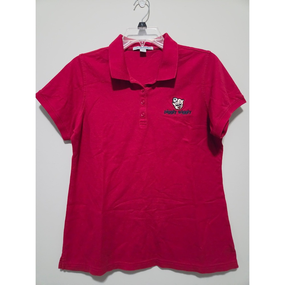 Port Authority Piggly Wiggly Red Polo Shirt Women Medium Short Sleeve Pique Knit